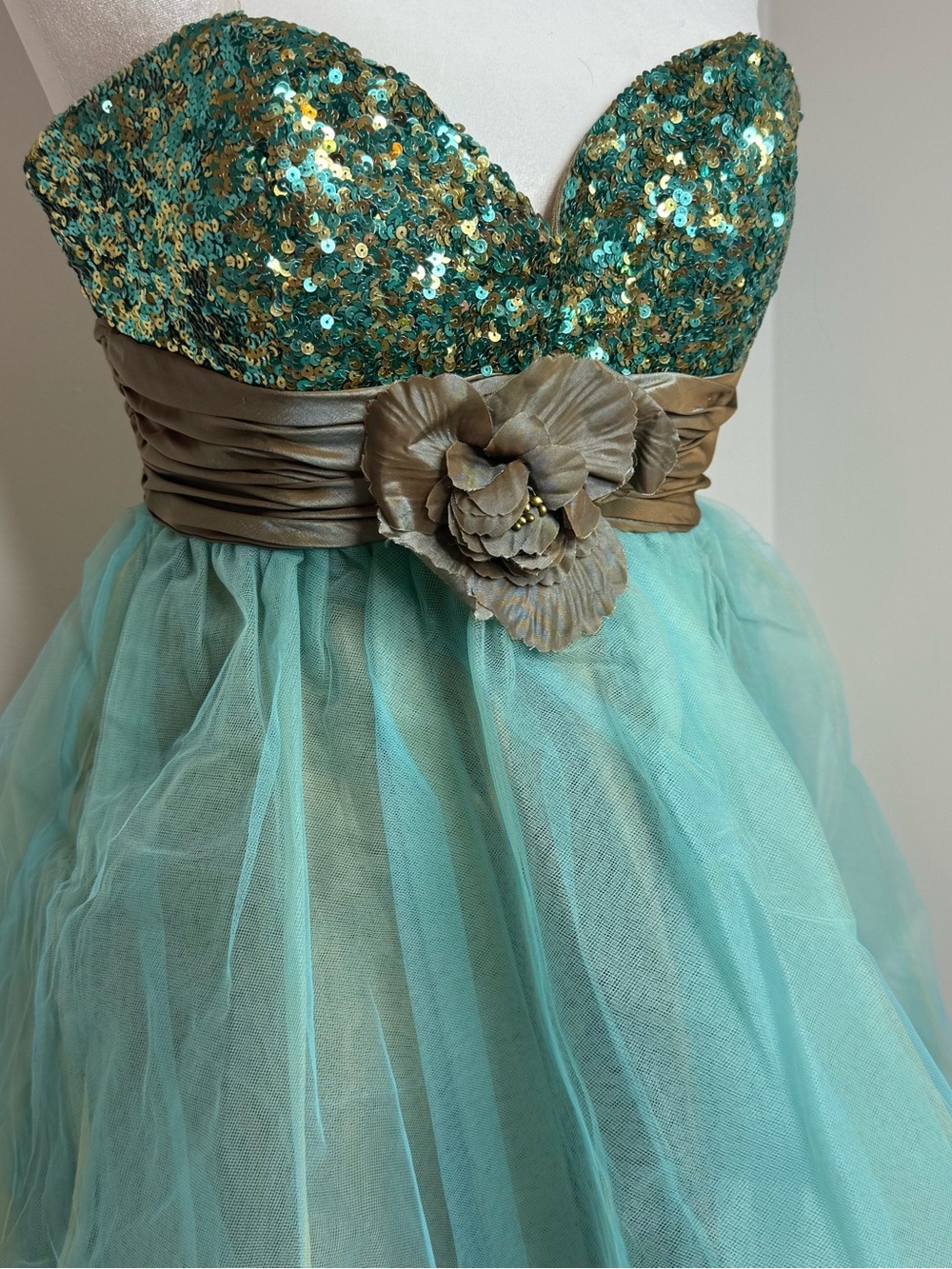 Girls Teal Sequin Tulle Party Dress with Gold Sash - Picture 2 of 3
